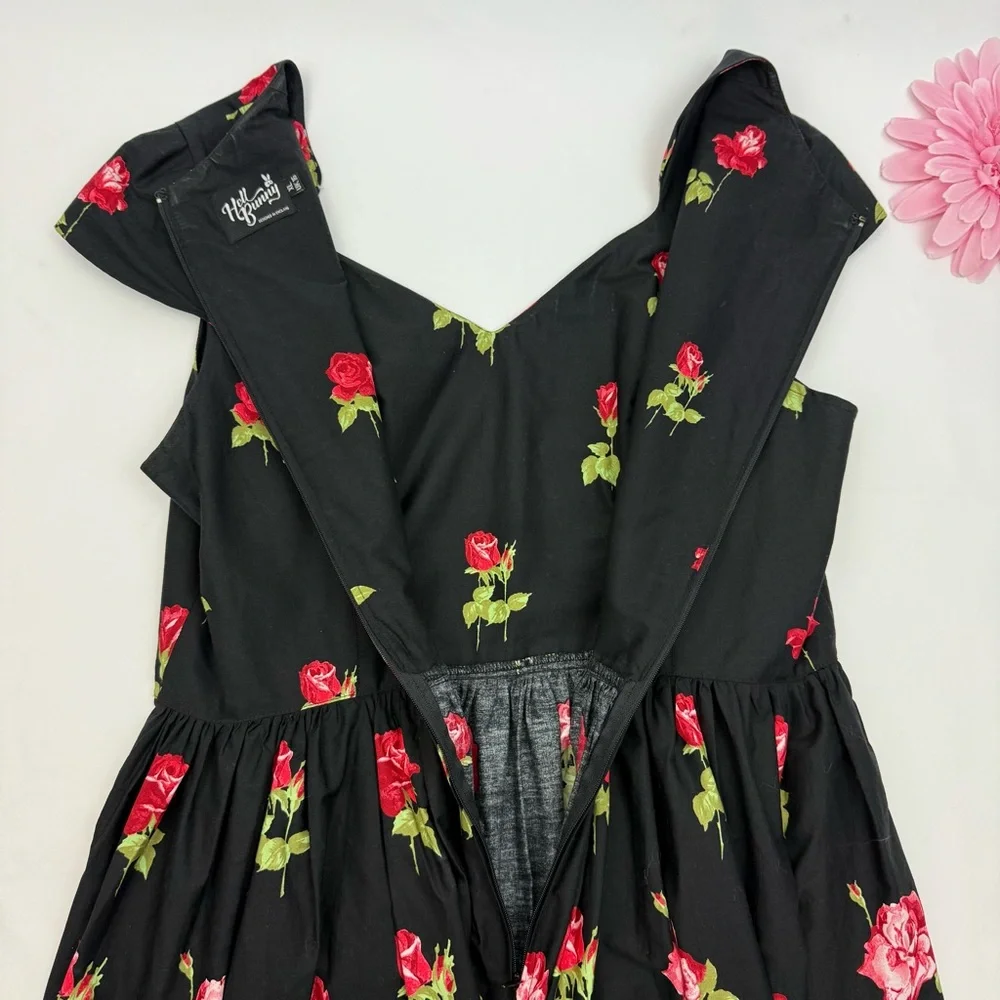Hell Bunny Antonia Mid Dress Rose Print Floral Fit Flare Retro Pinup Rockabilly - Picture 10 of 16